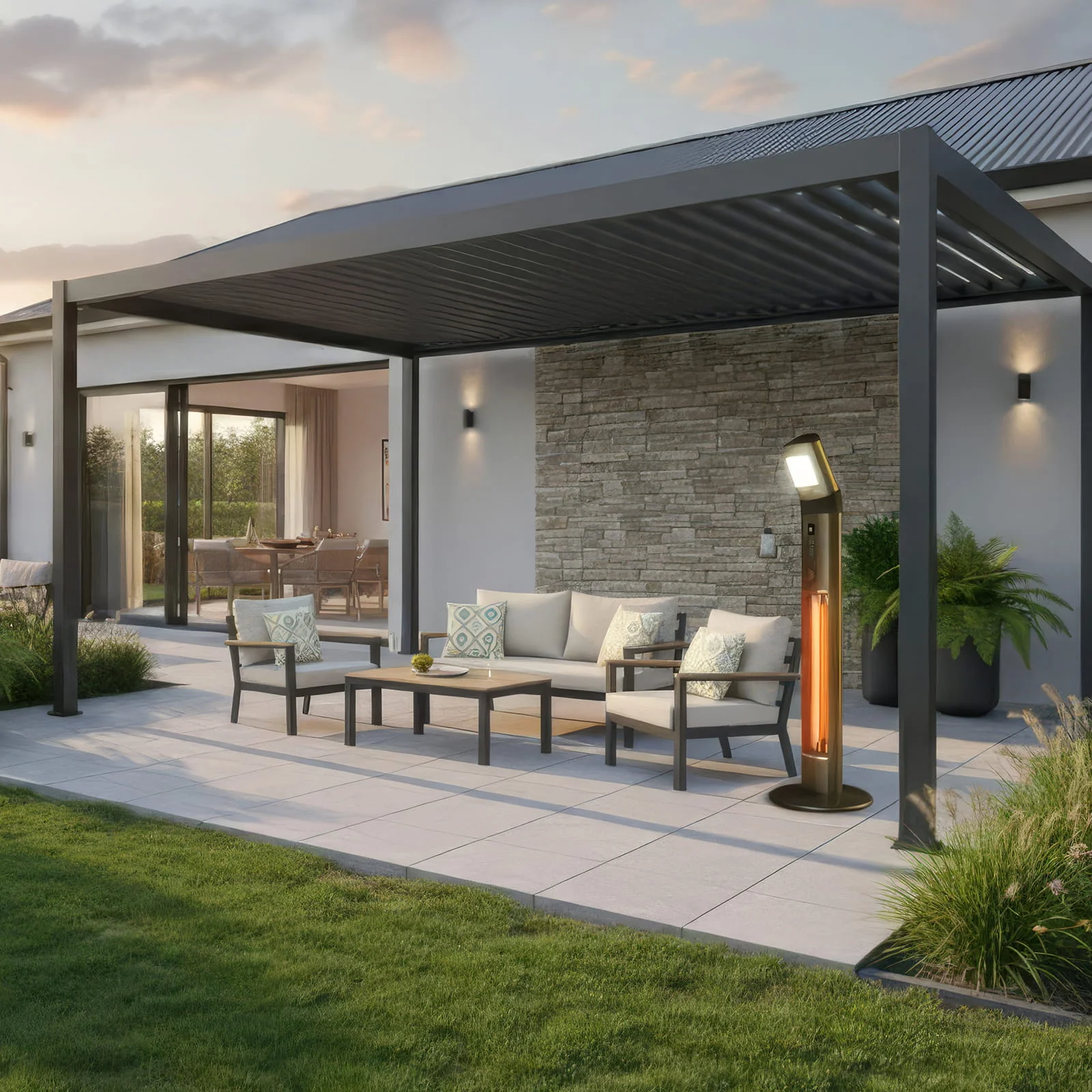 Outdoor Pedestal Heater next to garden furniture