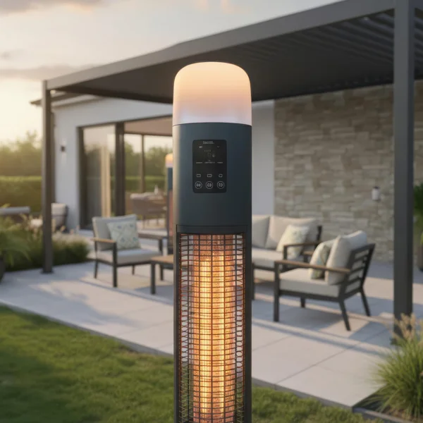 Outdoor Pedestal Heater with garden furniture and pergola in the background