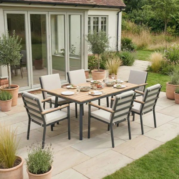 6 seater outdoor dining furniture. The table is set with food and drinks.
