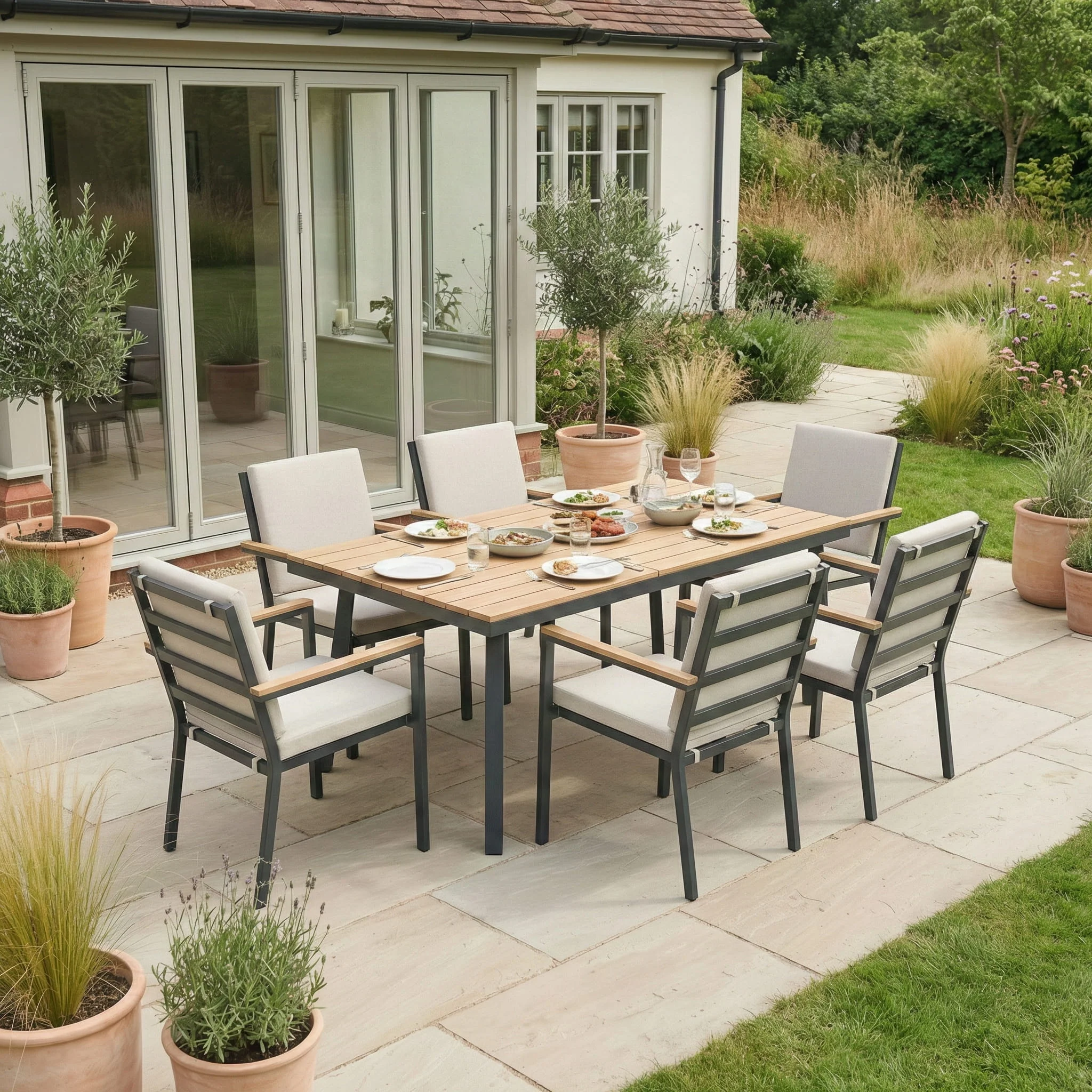 6 seater outdoor dining furniture. The table is set with food and drinks.