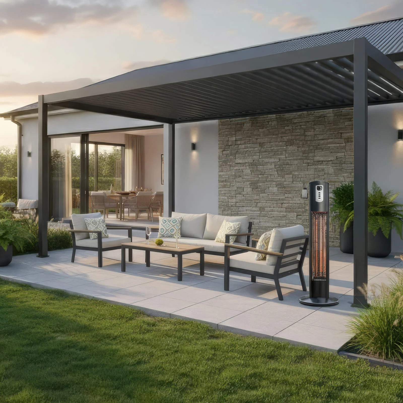 Outdoor Pedestal Heater next to garden furniture