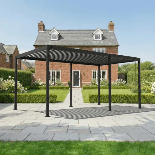Rectangular black pergola in a garden