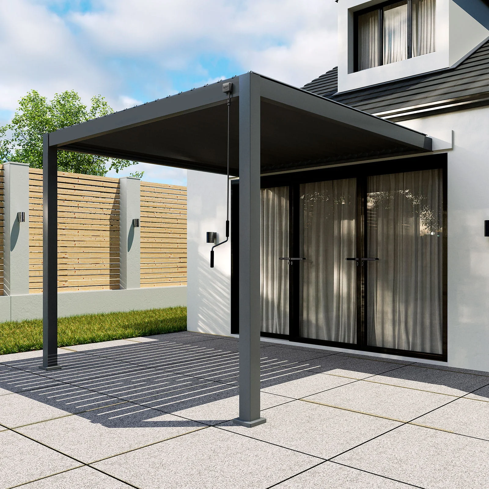Aluminium Wall Mounted Pergola in grey, mounted against the side of the house.