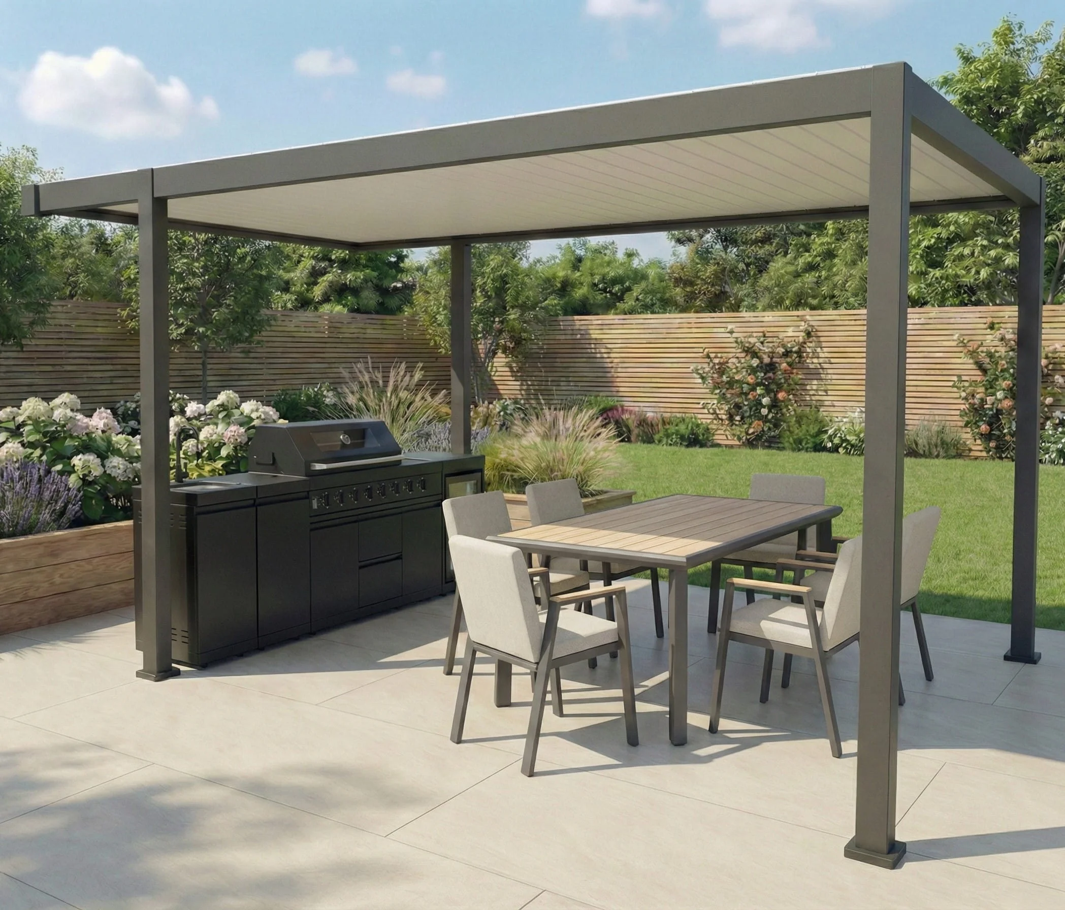 Freestanding Fixed Roof Pergola, above a set of garden furniture and grill