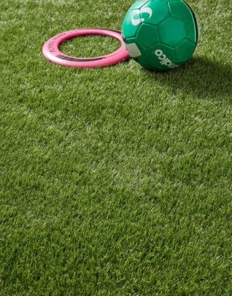 Frisbee and football placed on artificial grass.